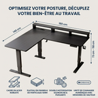 Schéma des dimensions (160x140 cm) et caractéristiques techniques du bureau d'angle Kova Pro.