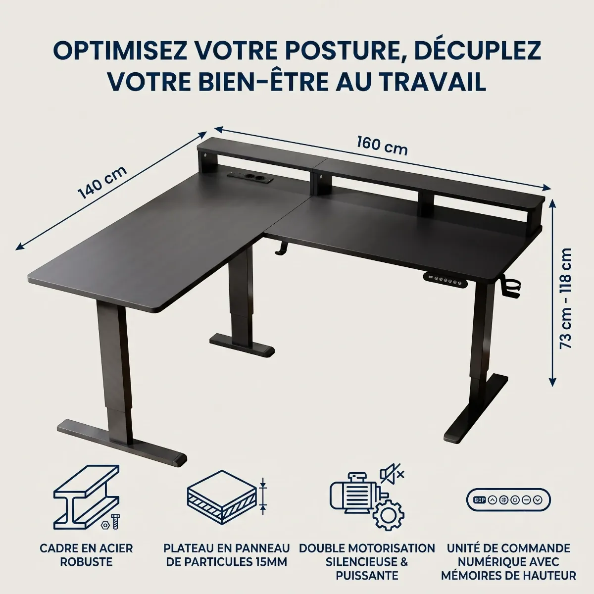 Schéma des dimensions (160x140 cm) et caractéristiques techniques du bureau d'angle Kova Pro.
