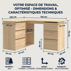 Schéma technique et dimensions détaillées en centimètres du bureau d'angle en L Nook