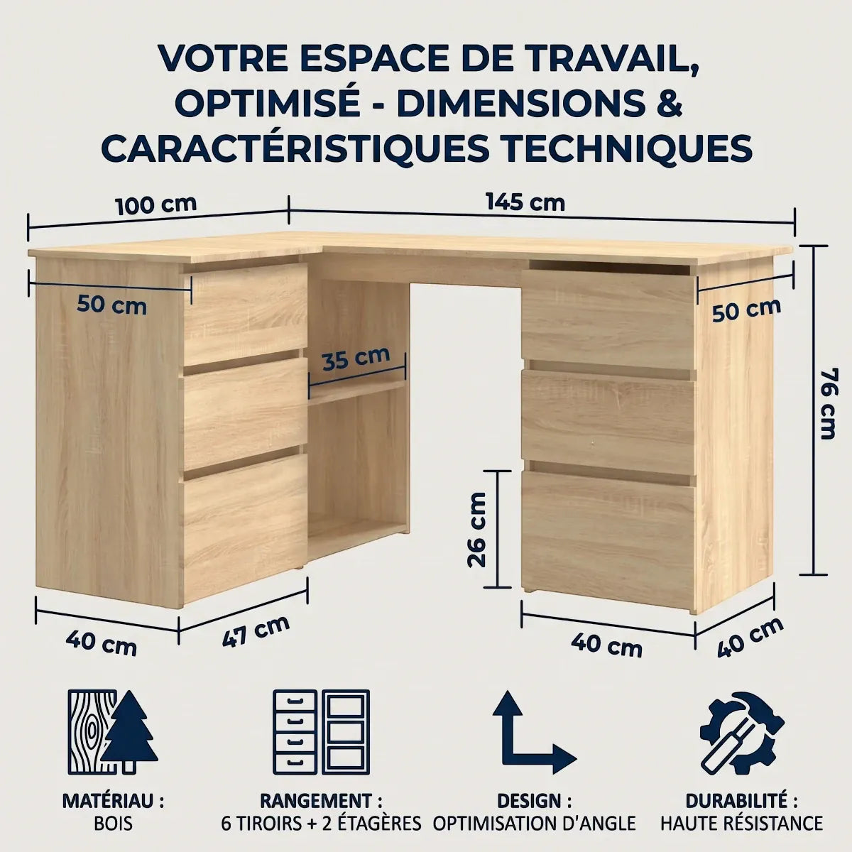 Schéma technique et dimensions détaillées en centimètres du bureau d'angle en L Nook