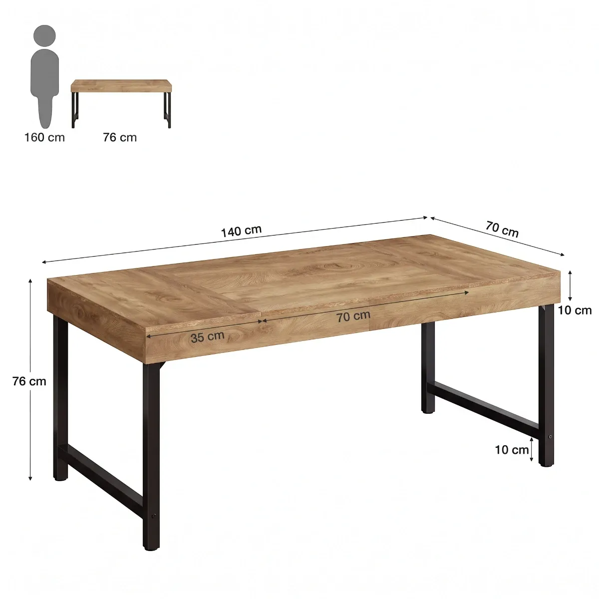 Schéma des dimensions complètes du bureau en bois TimberForge