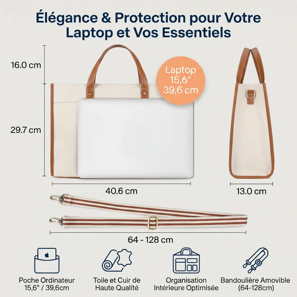Infographie montrant les dimensions du sac PC portable femme MISSNINE (40.6x29.7x13 cm) et sa capacité pour un ordinateur de 15.6 pouces.
