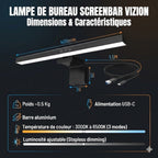 Dimensions et caractéristiques techniques de la Lampe de Bureau Screenbar VIZION 40cm avec câble USB-C.