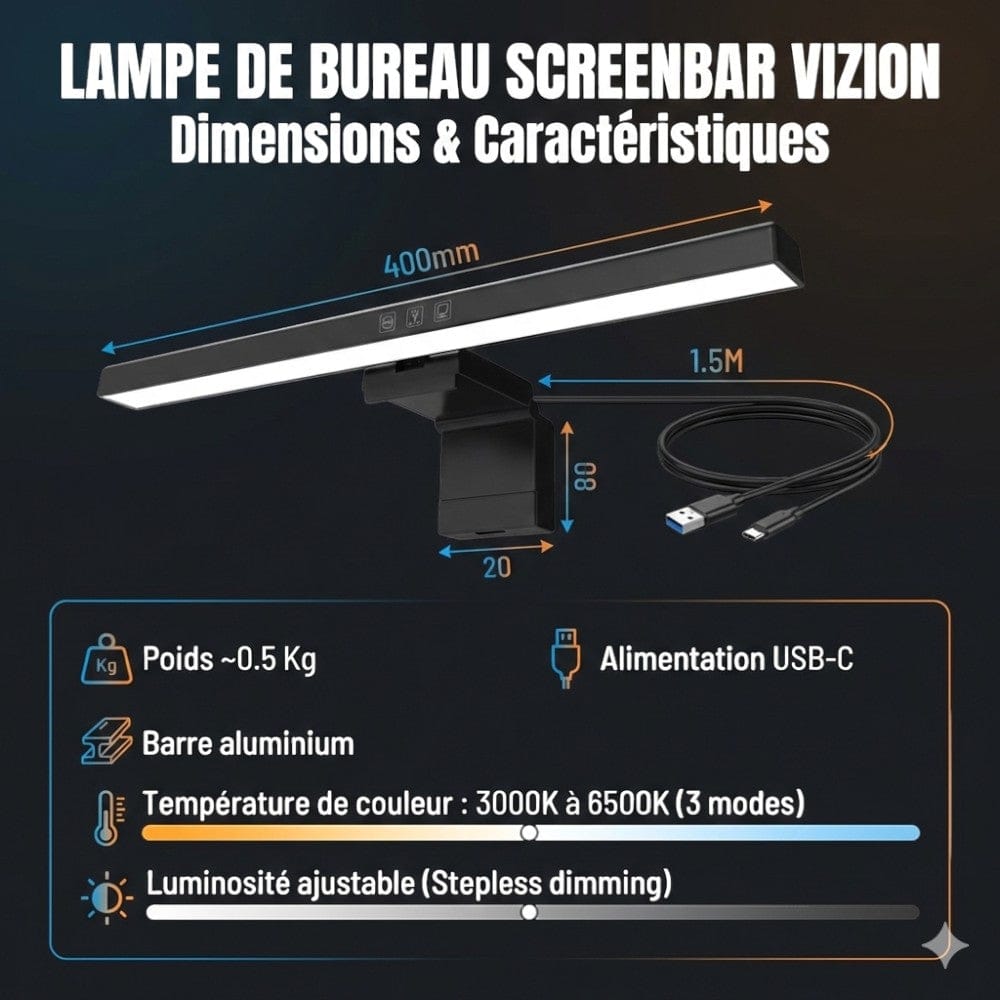 Dimensions et caractéristiques techniques de la Lampe de Bureau Screenbar VIZION 40cm avec câble USB-C.