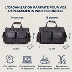 Infographie technique détaillant les dimensions (14 et 15 pouces) du porte-documents homme Bastion. Idéal comme alternative au sac à dos ordinateur ou sac à dos ordi.