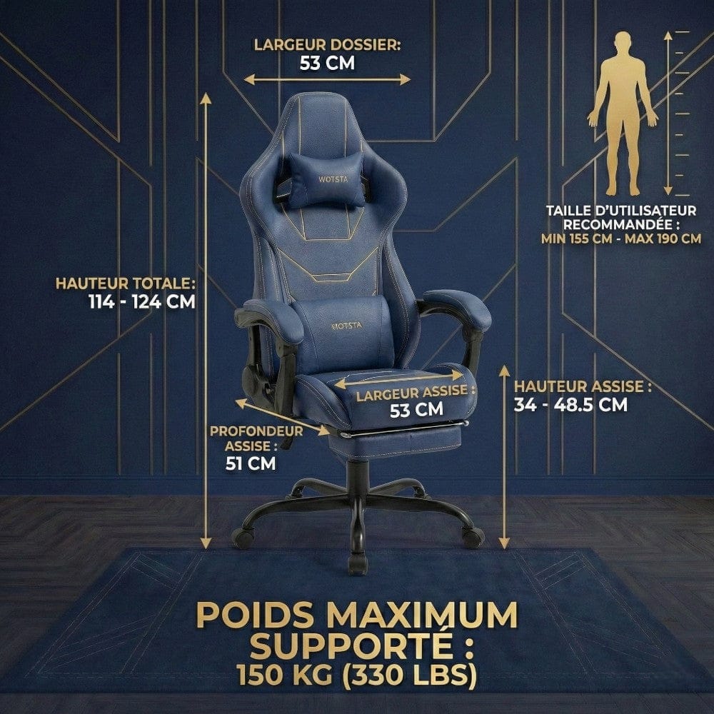 Dimensions détaillées de la chaise ergonomique VERTEX bleue avec lignes géométriques et repose-pieds.