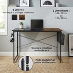 Guide des tailles (100cm et 120cm) et coloris disponibles (noir et bois tigré) pour le bureau bois MDF compact.