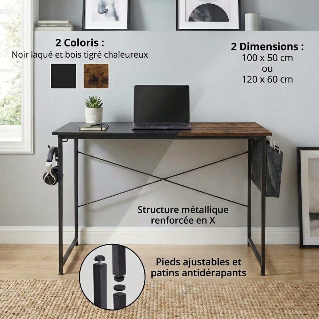 Guide des tailles (100cm et 120cm) et coloris disponibles (noir et bois tigré) pour le bureau bois MDF compact.