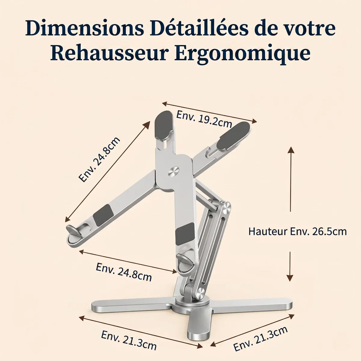 Schéma technique complet en français détaillant les dimensions précises de hauteur et d'encombrement du rehausseur ergonomique.