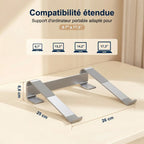 Schéma technique affichant les dimensions en cm et la compatibilité étendue du support ordinateur portable de 9,7 à 17,3 pouces.