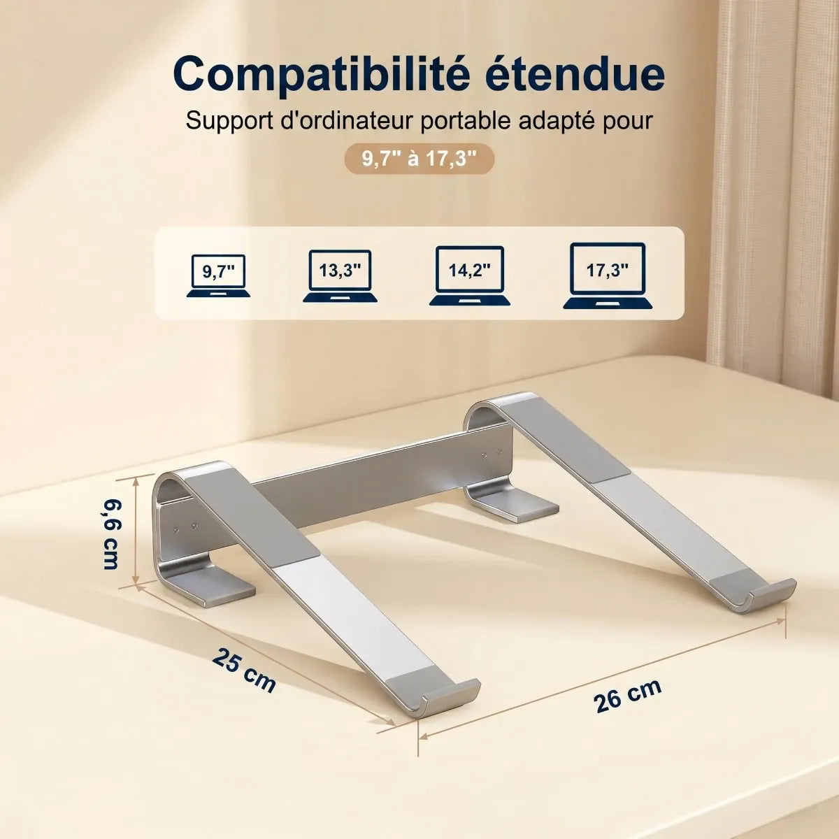 Schéma technique affichant les dimensions en cm et la compatibilité étendue du support ordinateur portable de 9,7 à 17,3 pouces.