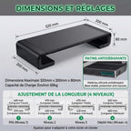 Schéma technique affichant les dimensions (520x200x80mm) et les quatre niveaux de largeur réglables du support d'écran Steel-Flex.