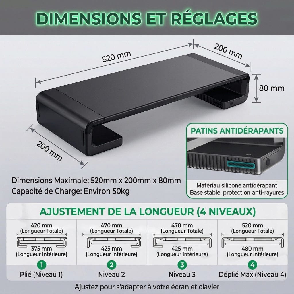 Schéma technique affichant les dimensions (520x200x80mm) et les quatre niveaux de largeur réglables du support d'écran Steel-Flex.