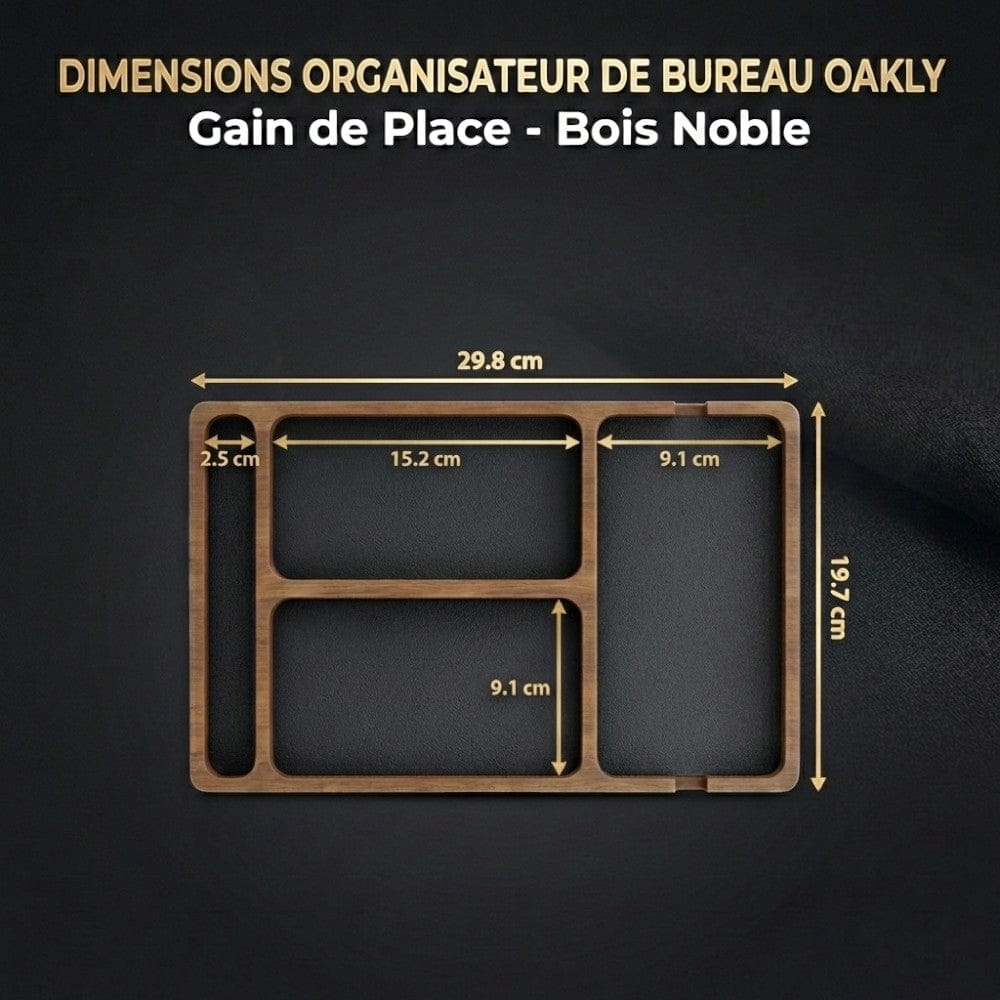 Dimensions détaillées de l'organisateur de bureau OAKLY en bois noble pour un gain de place optimal.