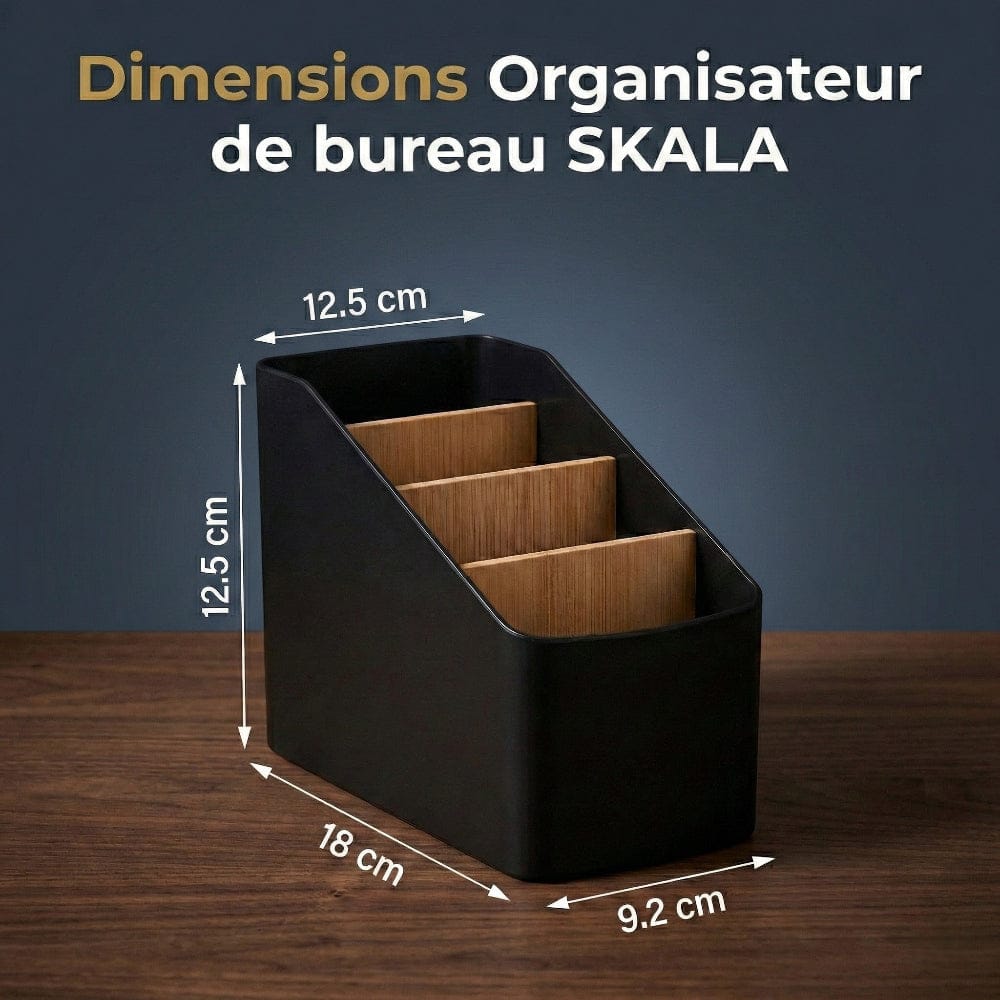 Schéma des dimensions précises de l'organisateur de bureau SKALA (18x12.5x9.2 cm).