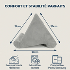 Dimensions 22x21x20 cm du support articulé en mousse haute résilience ErgoNest, compatible iPad et tablettes tactiles.