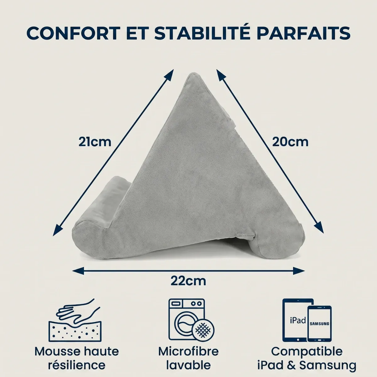 Dimensions 22x21x20 cm du support articulé en mousse haute résilience ErgoNest, compatible iPad et tablettes tactiles.