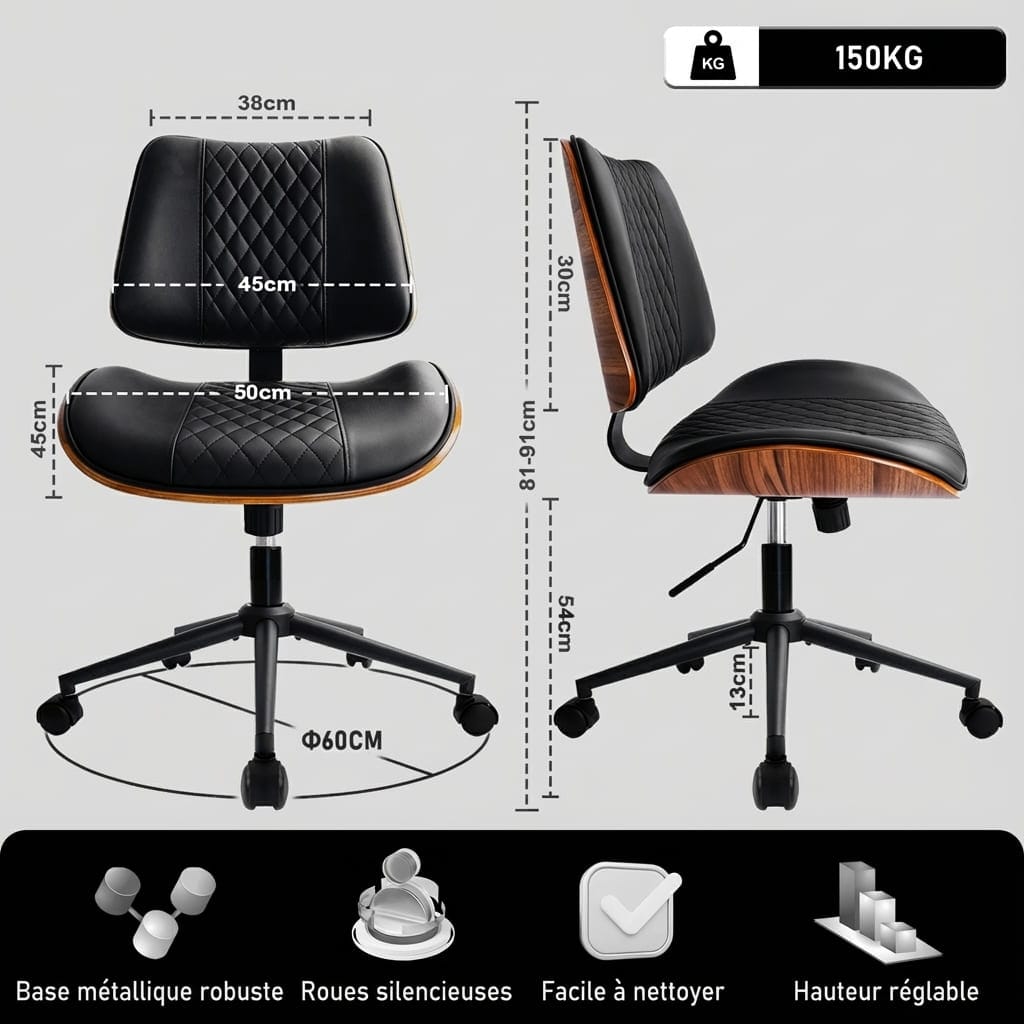 Schéma technique affichant les dimensions et la hauteur réglable de la chaise de bureau ergonomique.