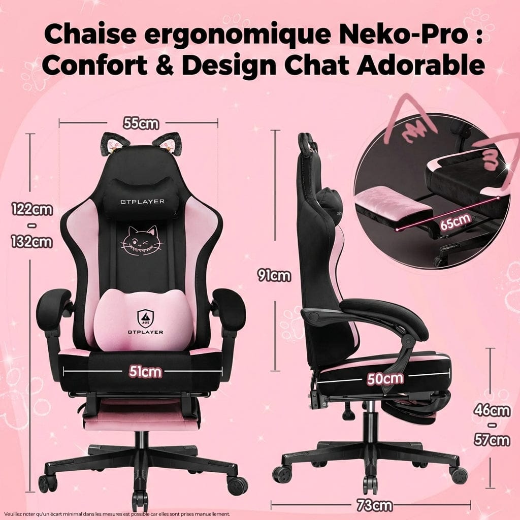 Schéma des dimensions détaillées de la chaise ergonomique Neko-Pro Confort & Design Chat Adorable.