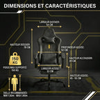 Schéma des dimensions détaillées de la Chaise Ergonomique OMEGA-VIBE : hauteur, largeur et charge maximale de 150kg.