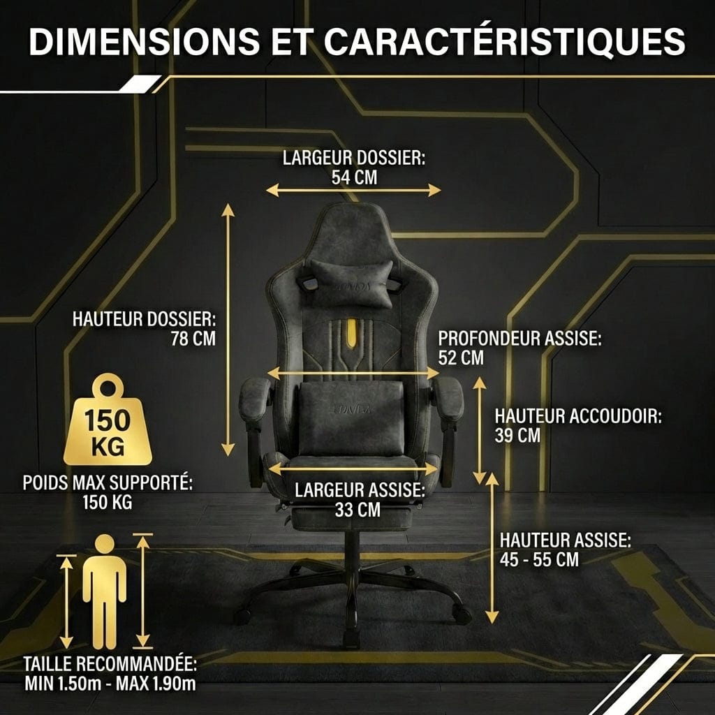 Schéma des dimensions détaillées de la Chaise Ergonomique OMEGA-VIBE : hauteur, largeur et charge maximale de 150kg.