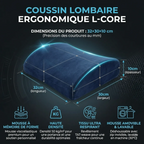 Infographie des dimensions techniques (32x30x10 cm) et caractéristiques de la mousse du coussin L-Core.