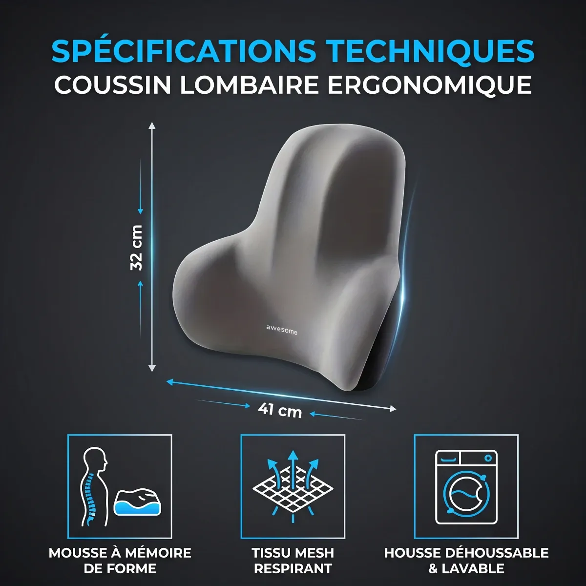 Dimensions précises (41x32cm) et spécifications techniques du coussin lombaire MorphoSpine Pro.