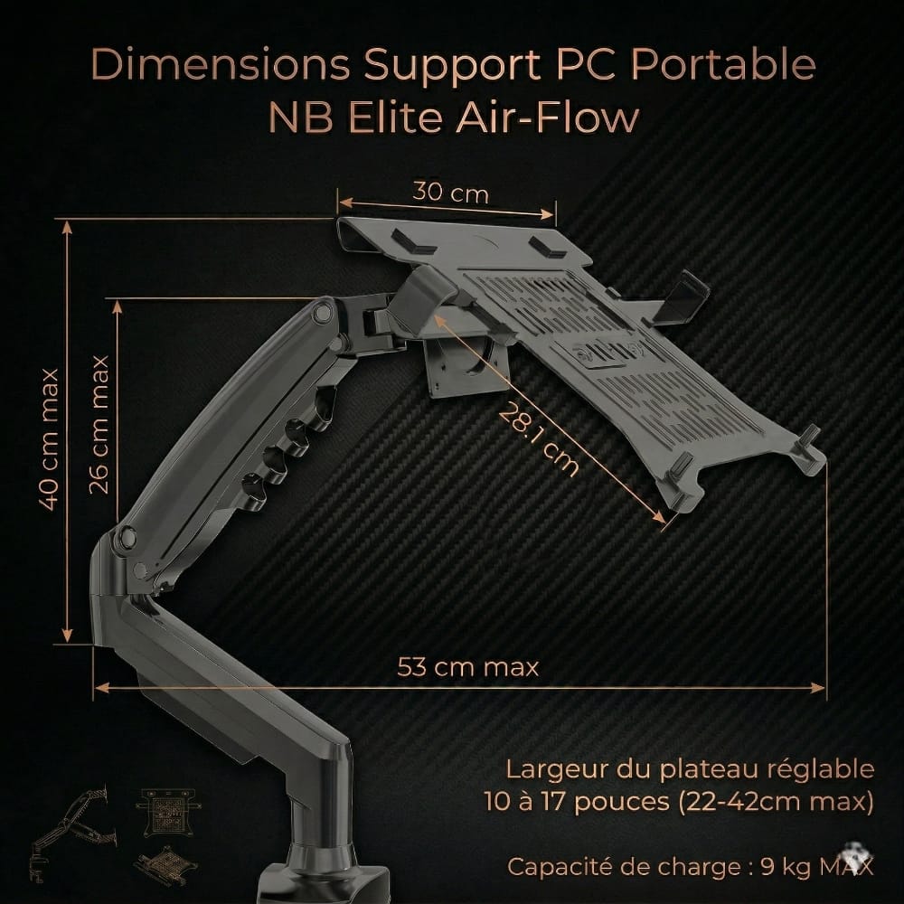 Schéma des dimensions du NB Elite Air-Flow montrant la hauteur réglable de 40 cm et l'extension du bras de 53 cm.