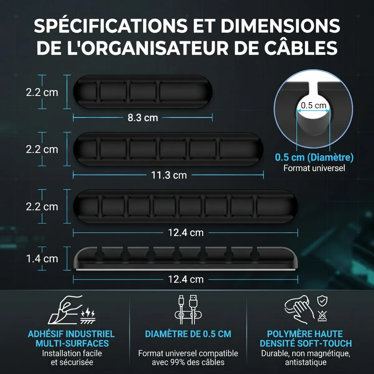 Schéma technique et dimensions en cm de l'organisateur de câbles Silent Grid pour une installation précise.
