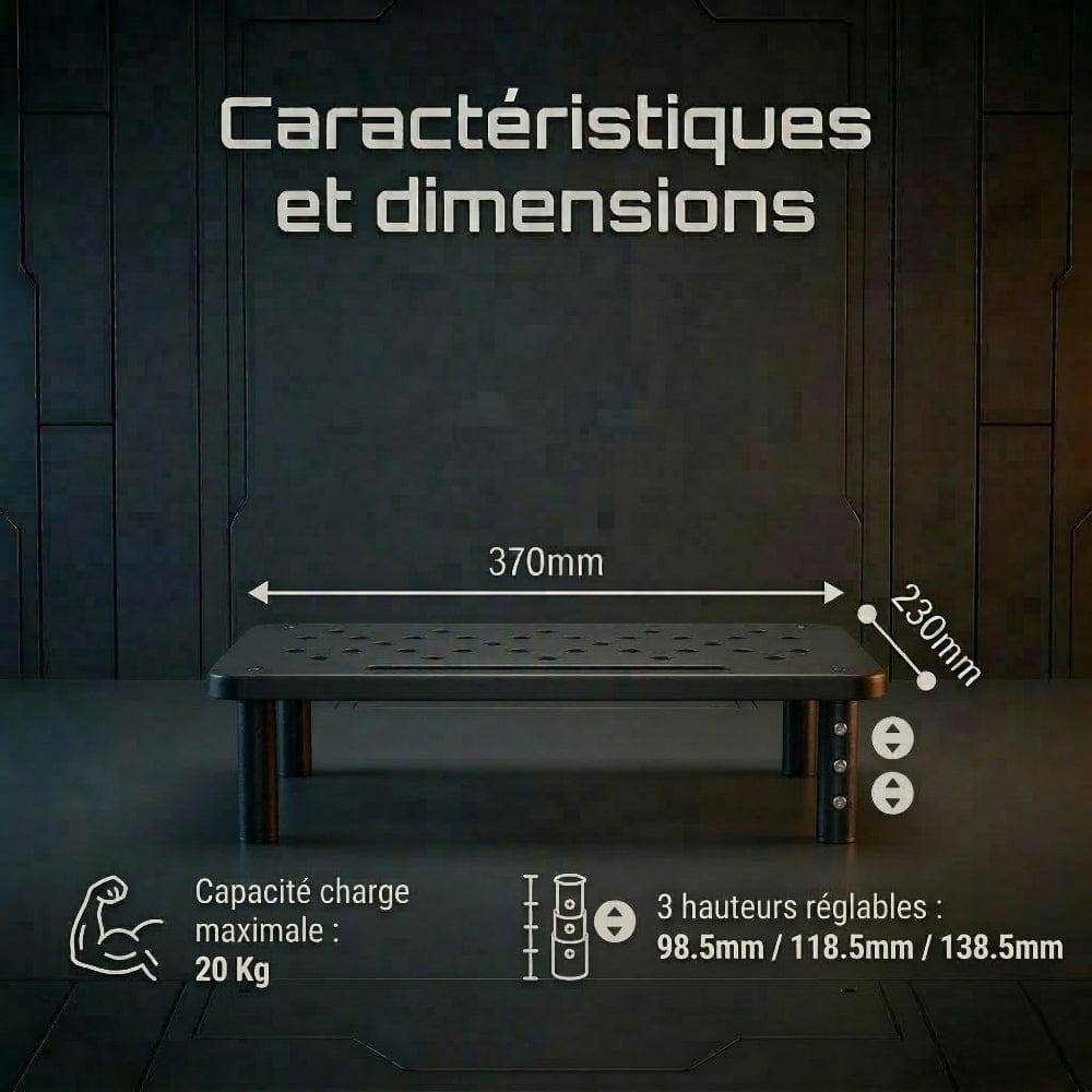 Schéma des dimensions 370x230mm et des 3 hauteurs réglables du support SteelElevation X3.