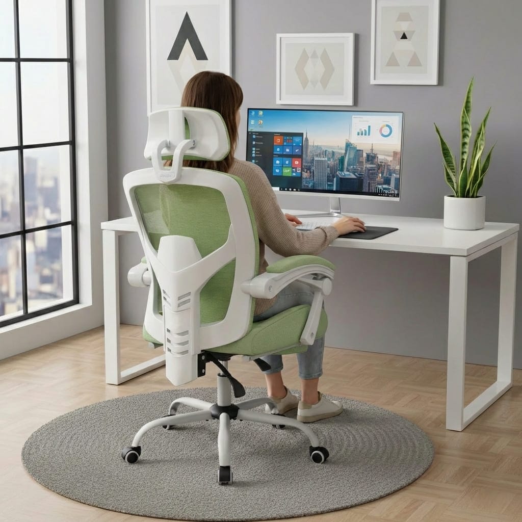 Vue arrière de la chaise ergonomique de bureau au travail, montrant la structure blanche du support lombaire réglable et le dossier en maille.