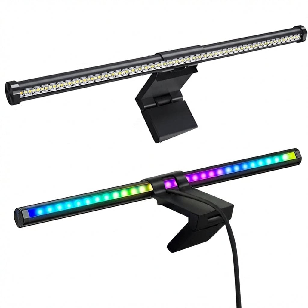 Vue détaillée des deux faces de la lampe CHROMAX : le côté LED blanc pour le travail et le côté LED RGB pour l'ambiance.