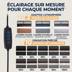 Infographie explicative montrant la télécommande et les réglages d'une barre lumineuse LED : 3 modes de température de couleur (lumière chaude 3000K, naturelle 4500K, froide 6500K) et 10 niveaux de luminosité de 10% à 100% sur fond beige clair.