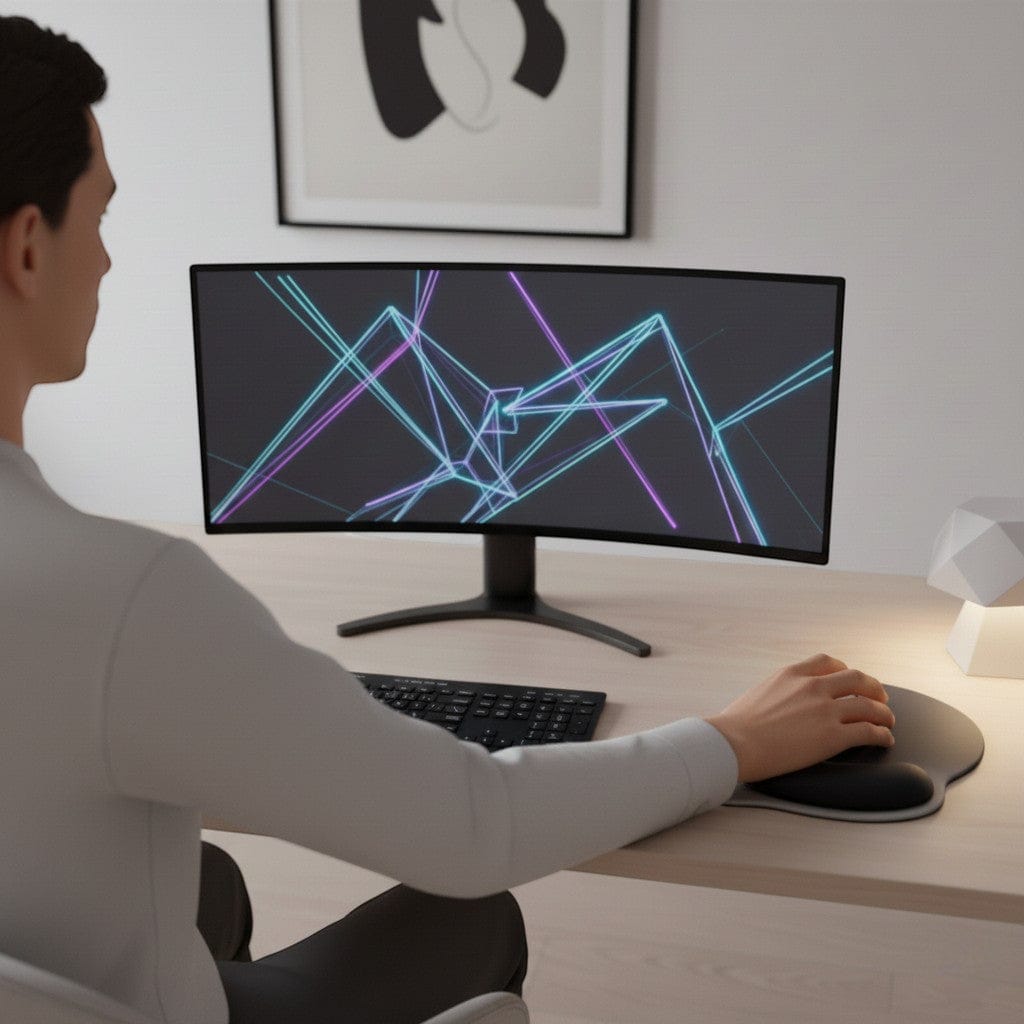 Professionnel travaillant sur écran ultra-wide incurvé dans bureau minimaliste blanc avec clavier compact et souris ergonomique, ambiance design épurée