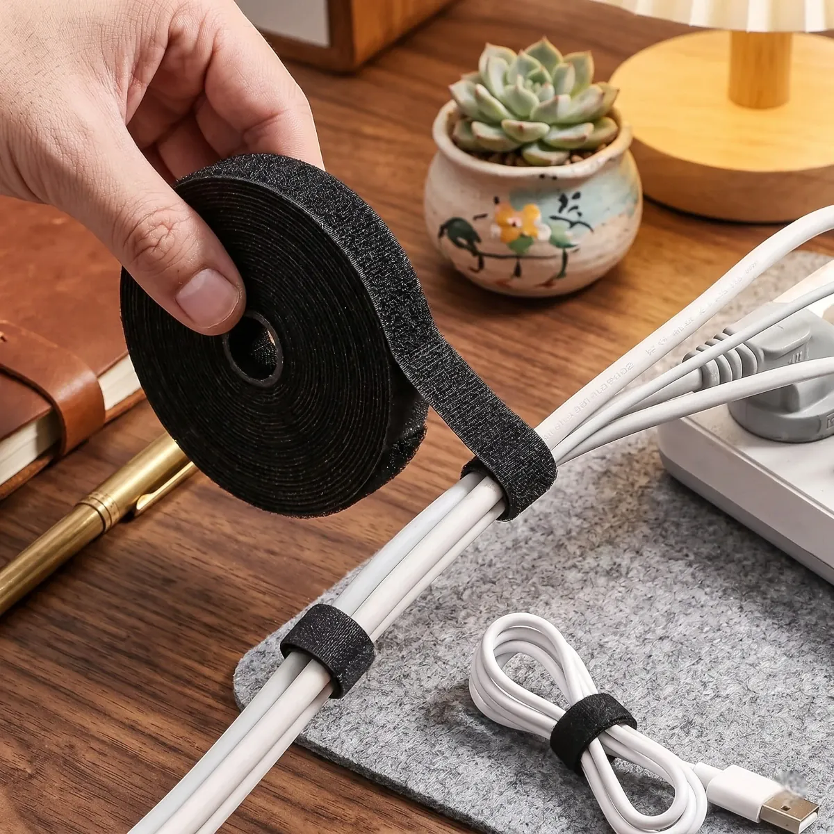 Mise en scène de l'enrouleur de câbles Roll Nexus en nylon noir sur un bureau de travail pour un setup épuré.