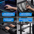 Une mosaïque à quatre panneaux montrant les usages et les avantages de repose-poignets et repose-mains ergonomiques. En haut à gauche (Gaming), un joueur utilise une souris sur un tapis de souris RGB avec le texte "PRÉCISION SANS ENGOURDISSEMENT". En haut à droite (Création), un artiste utilise un stylet sur une tablette à dessin avec le texte "SOULAGEMENT POUR LA CRÉATION". En bas à gauche (Bureautique), une personne utilise un clavier mécanique avec le texte "FRAPPE FLUIDE & ALIGNÉE". En bas à droite (Erg