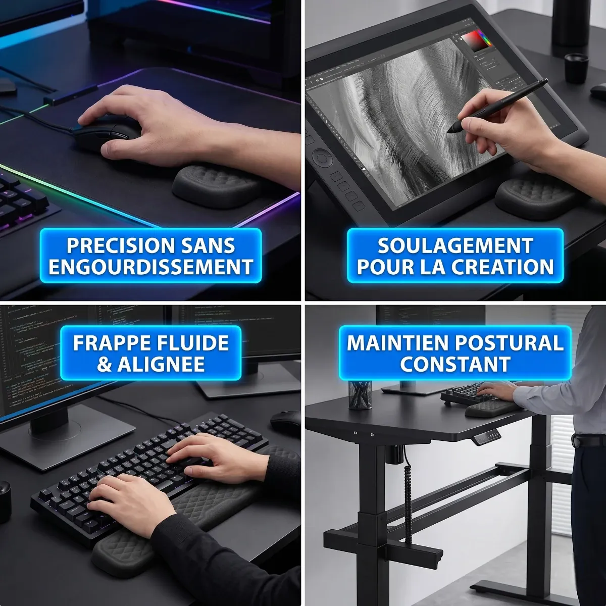 Une mosaïque à quatre panneaux montrant les usages et les avantages de repose-poignets et repose-mains ergonomiques. En haut à gauche (Gaming), un joueur utilise une souris sur un tapis de souris RGB avec le texte "PRÉCISION SANS ENGOURDISSEMENT". En haut à droite (Création), un artiste utilise un stylet sur une tablette à dessin avec le texte "SOULAGEMENT POUR LA CRÉATION". En bas à gauche (Bureautique), une personne utilise un clavier mécanique avec le texte "FRAPPE FLUIDE & ALIGNÉE". En bas à droite (Erg