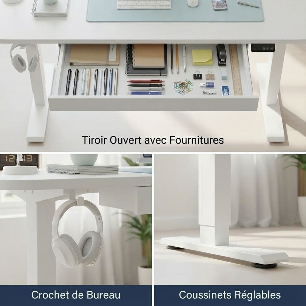 Zoom sur les accessoires : tiroir de 60 cm organisé, crochet pour casque et pieds avec coussinets réglables pour une stabilité premium.