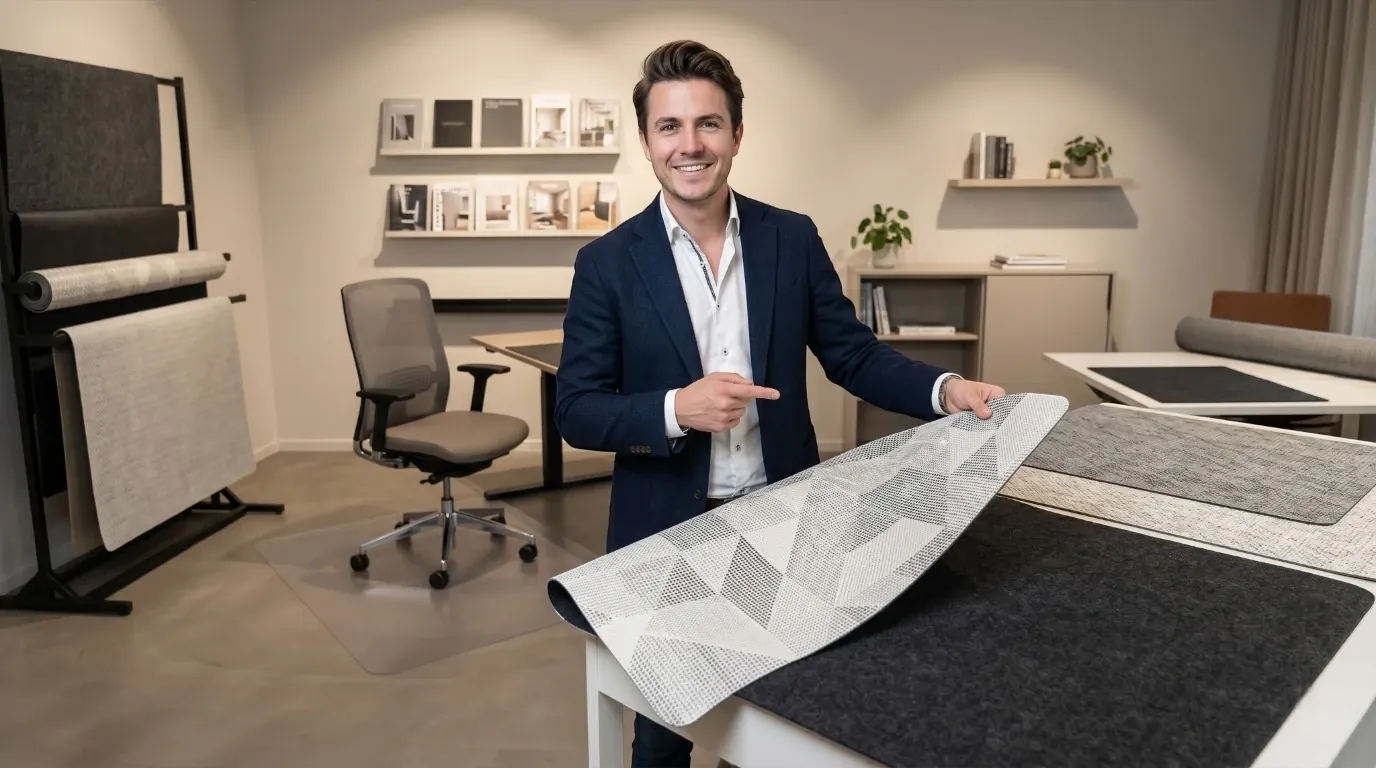 Thomas, expert en ergonomie et design chez Bureau Cosy, présente une sélection de grands tapis de chaise de bureau de taille 90x120 cm dans un showroom moderne.