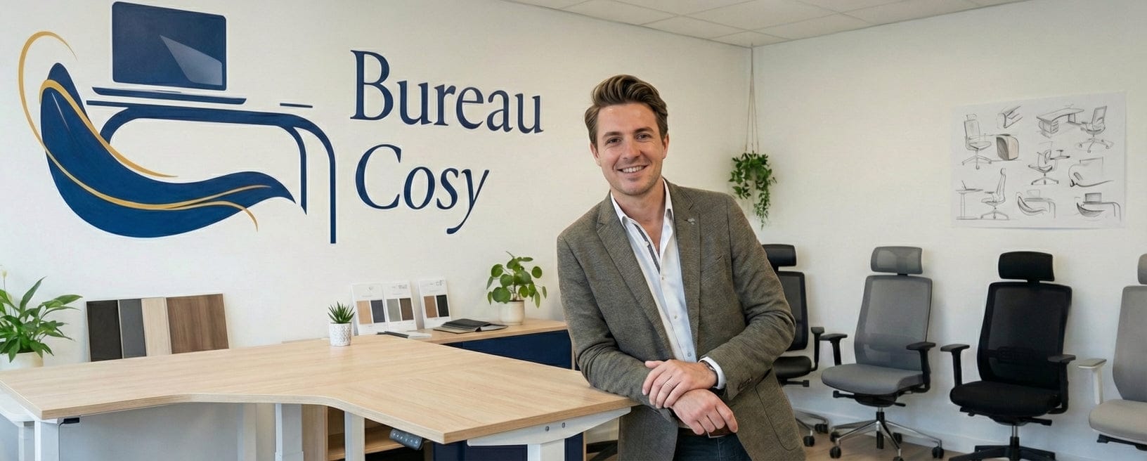 Thomas, expert Bureau Cosy, souriant dans le showroom avec des bureaux d'angle.
