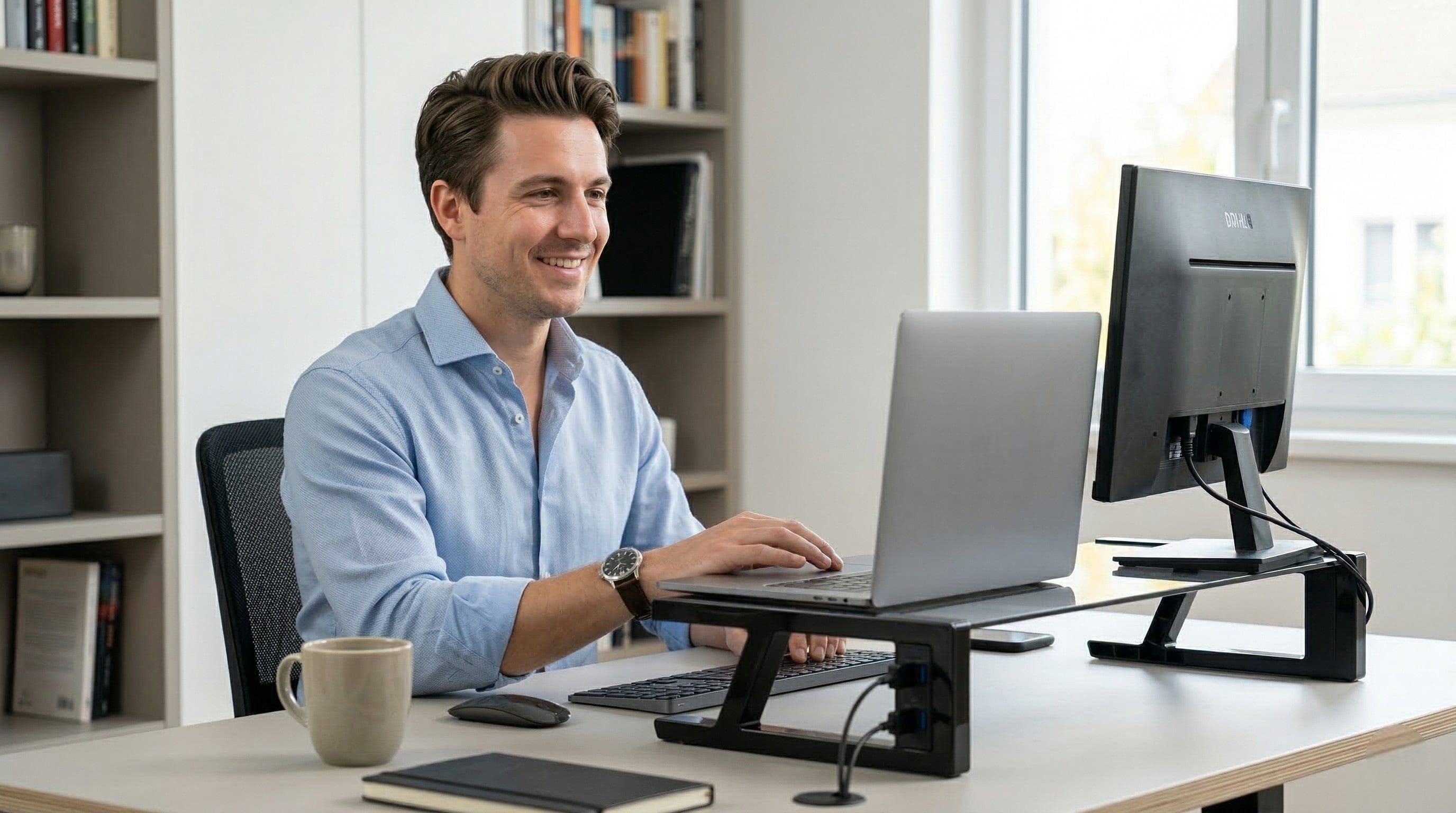 Thomas, expert en ergonomie, travaillant sur un ordinateur portable et un écran fixe surélevé par un support en verre trempé noir avec ports USB intégrés, dans un bureau lumineux.