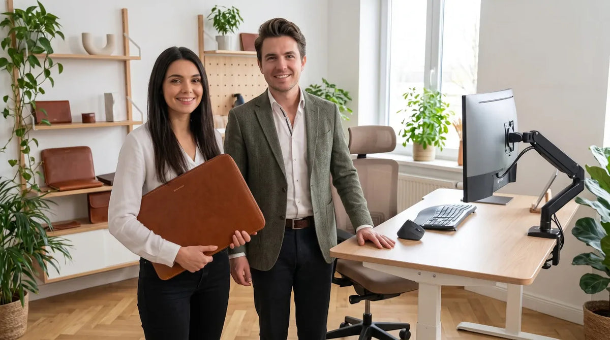 Sophie et Thomas, experts Bureau Cosy, dans leur bureau ergonomique avec mobilier réglable et maroquinerie.