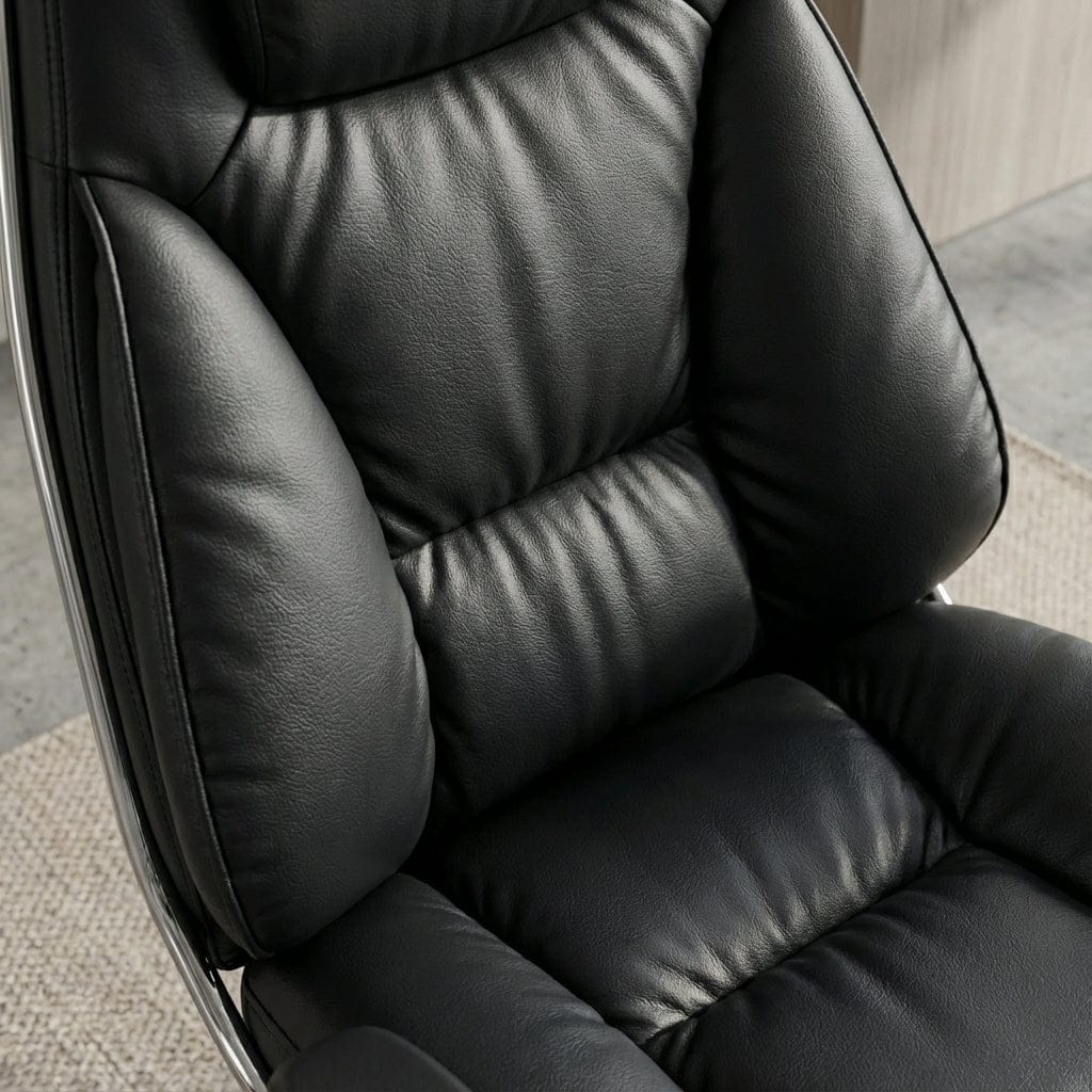 Gros plan sur le dossier et l'assise du fauteuil de bureau de direction noir en similicuir, mettant en valeur le rembourrage épais, les coussins de soutien lombaire latéraux et le haut dossier.