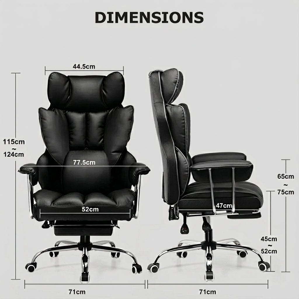 Image technique montrant les dimensions du fauteuil de bureau de direction noir en centimètres (cm). Hauteur réglable de 115cm à 124cm, largeur de l'assise 52cm, largeur totale 71cm, profondeur de l'assise 47cm, hauteur des accoudoirs de 65cm à 75cm.