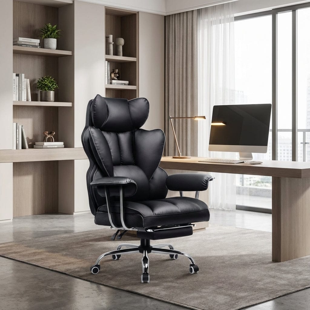 Fauteuil de bureau de direction simili cuir noir vue de face. Design ergonomique avec rembourrage épais sur le haut dossier, l'assise et les accoudoirs. Base chromée avec repose-pieds escamotable visible sous l'assise.