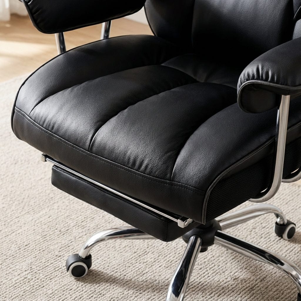 Gros plan sur l'assise du fauteuil de bureau de direction noir et son repose-pieds rembourré, escamotable et déplié, montrant le mécanisme de confort pour la relaxation.