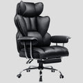 Fauteuil de bureau ergonomique de direction en cuir noir, haut dossier, rembourrage épais, accoudoirs rembourrés, base chromée, roulettes, et repose-pieds escamotable. Idéal pour le confort et le télétravail.