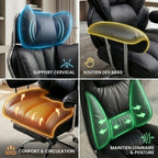 Composition de quatre photos montrant les caractéristiques clés d'un fauteuil de bureau de direction noir : soutien cervical, soutien des bras (accoudoirs rembourrés), maintien lombaire et posture, et confort de l'assise pour la circulation.