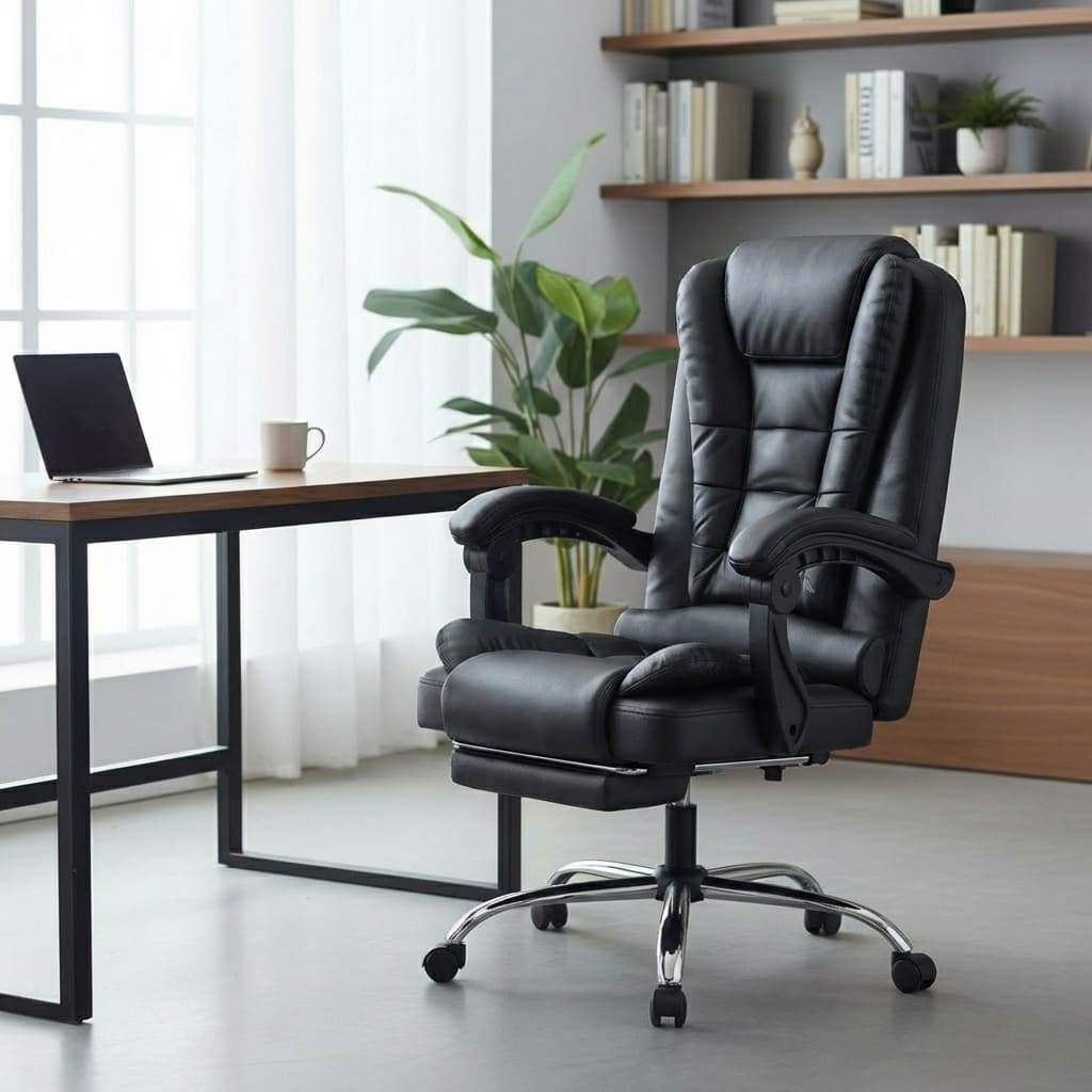 Vue de face d'un fauteuil de bureau ergonomique inclinable noir avec rembourrage confortable et dossier haut pour le soutien lombaire.