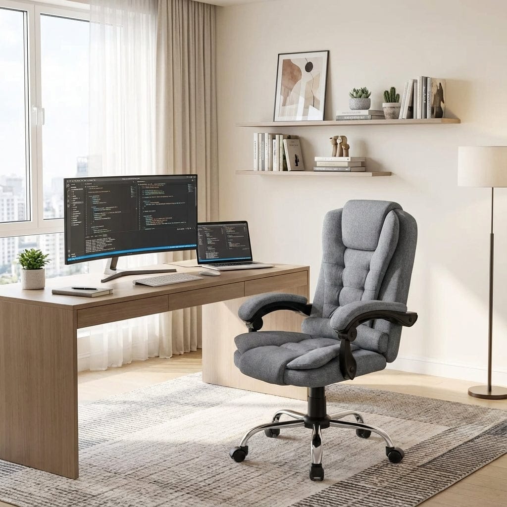 Fauteuil de bureau ergonomique gris en tissu avec base chromée, accoudoirs rembourrés et dossier haut, dans un bureau moderne avec un grand moniteur incurvé, un bureau en bois clair et une fenêtre lumineuse.